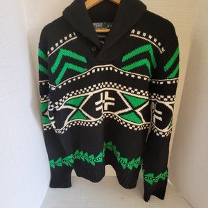 Vintage Polo Ralph Lauren Mens Wool Fair Isle Nordic Black Green White Sweater L